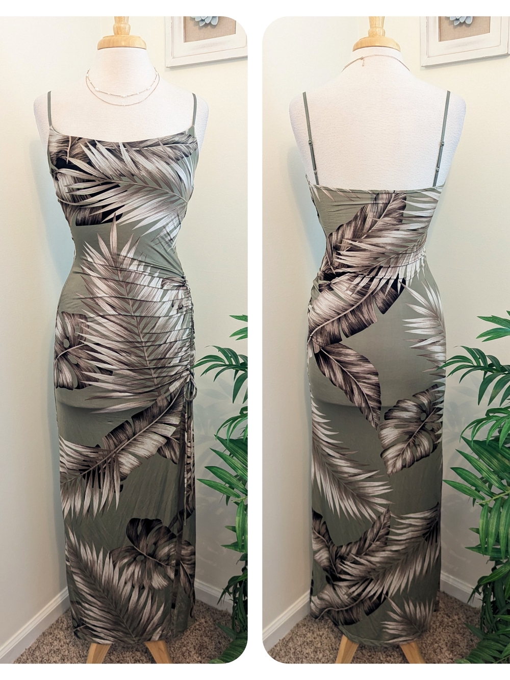 Windsor Olive Green Palm Leaf Print Ruched Maxi Bodycon Slip Dress Medium